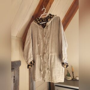 Maiwa Vancouver Handprinted And Naturally Dyed Ecru Linen Hooded Jacket